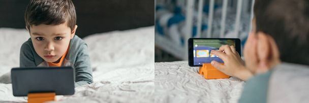 collage de niño tocando la pantalla del teléfono inteligente mientras ve dibujos animados educativos en el dormitorio
 - Foto, imagen