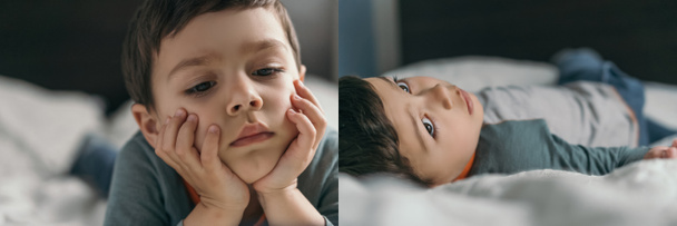 Collage eines nachdenklichen, niedlichen Kindes, das auf dem Bett liegt und die Hände vor dem Gesicht hält, horizontales Bild - Foto, Bild