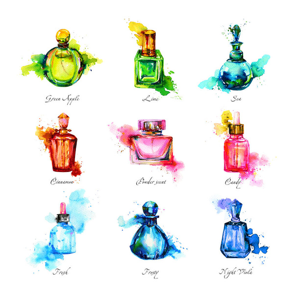 Set of watercolor glass bottles with perfume. Women's fragrances. The association of color and aroma. - Photo, Image
