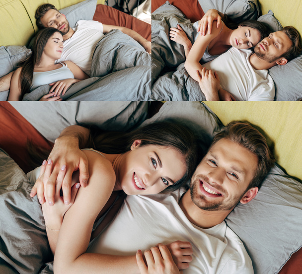 Mutlu çiftin yatak odasında uyuyan ve gülümseyen kolajı  - Fotoğraf, Görsel