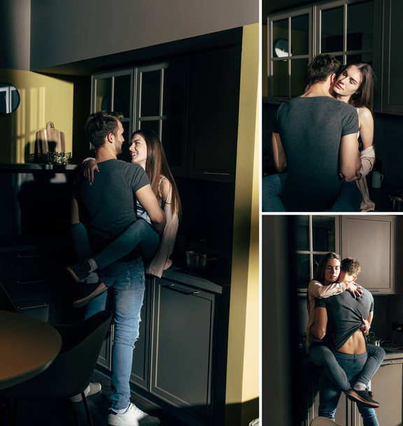 collage of passionate couple kissing and hugging at home  - Фото, зображення