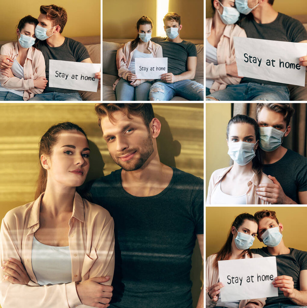 orvosi maszkos férfi és nő kollázsa, akik otthon tartózkodó levelező táblákat tartanak - Fotó, kép