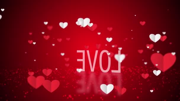 Zwevend wit en rood papieren hartjes met Love tekst op de vloer en reflectie. Liefde, passie en viering concept achtergrond voor Valentijnsdag, Moederdag, trouwdag, liefde abstract. - Video