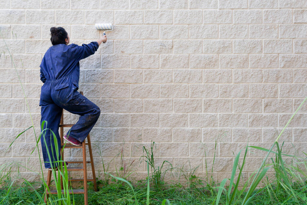 pintor femenino pintando la pared con un rodillo de pintura encima de una vieja escalera de madera
 - Foto, Imagen