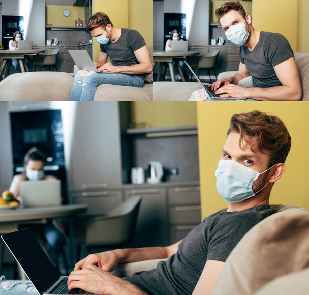 collage of freelancer using laptops near girl at home  - Photo, image