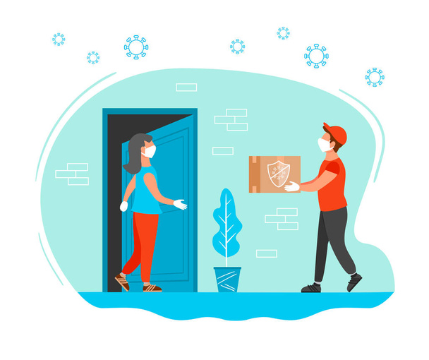 Contactless delivery concept illustration. Delivery person and woman opened the door. Protection form covid-19 or coronavirus. Flat vector illustration. - Vector, Image