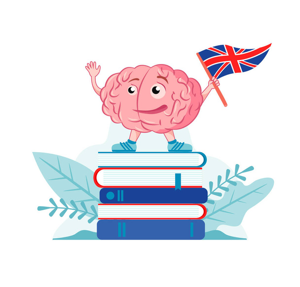 英語のフラグを持つ脳の文字が本にあります。英語を勉強する。ベクトルアイコン,英語コースのロゴのイラスト. - ベクター画像