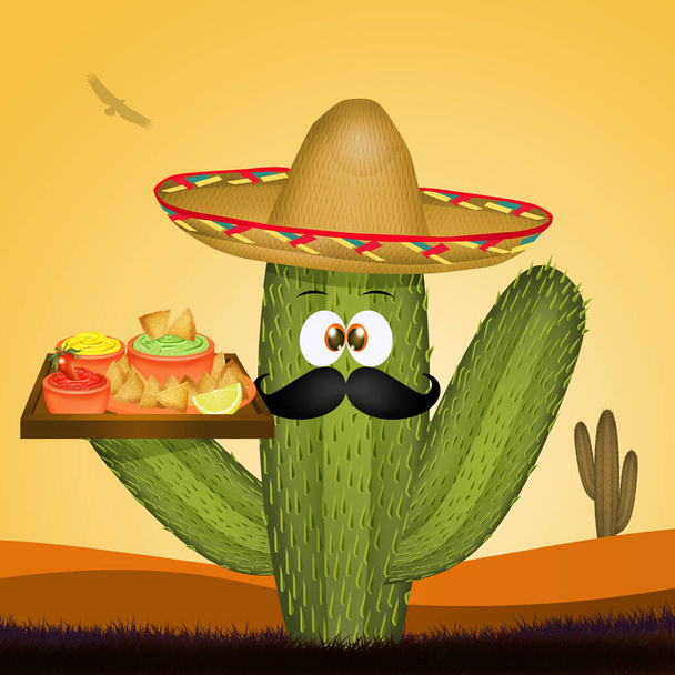 funny illustration of cactus with tortilla chips nachos and guacamole sauce - Fotografie, Obrázek