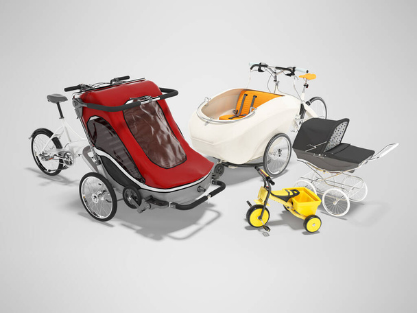 Conjunto de renderização 3D de uma bicicleta adulta com carrinho de criança em fundo cinza com sombra
 - Foto, Imagem