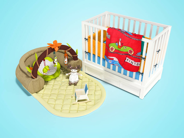 3d rendering wit houten wieg voor kind met speelmat met speelgoed op blauwe achtergrond met schaduw - Foto, afbeelding