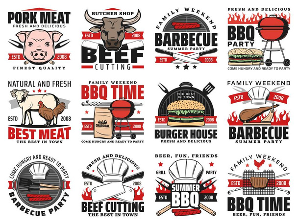 Grilovací párty a ikony vektorů masa. Burger house, dřevěné uhlí BBQ gril čas a piknik party, vepřové a hovězí steaky na ohni plameny, řeznický nůž a vidlička - Vektor, obrázek