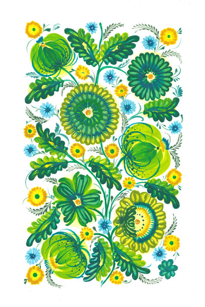 装飾的な民俗芸術のイラスト国家スタイルのペトリキフカ絵画緑の春手描き水彩花パターン - 写真・画像