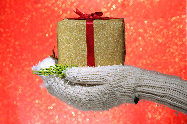 Female hands in mittens with gift box, on color background - 写真・画像