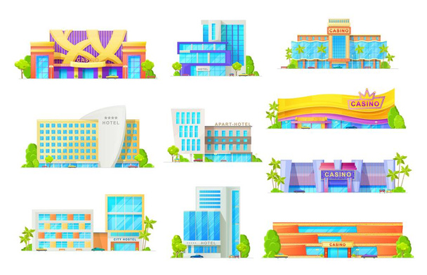 Hotel- und Casino-Gebäude, Vektor-Flachsymbole. Fassaden von Unterhaltungs- und Geschäftsgebäuden mit Infrastruktur, Luxus-Apart-Hotel und Resort, Casino mit Leuchtreklamen, Palmen und Taxiparkplätzen - Vektor, Bild