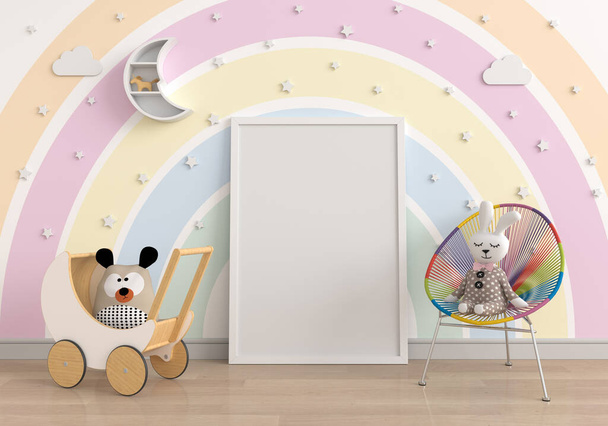 Leerer Fotorahmen für Attrappen auf dem Boden im Kinderzimmer, 3D-Rendering - Foto, Bild
