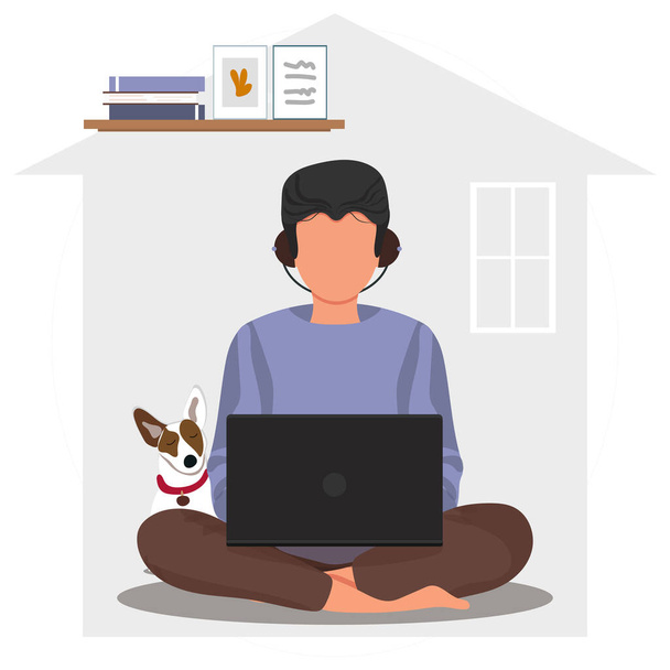 Muži sedí a pracují online doma se psem. Sociální distancování a sebeizolace během karantény koronaviru. Samokaranténní koncept. Osoba pracující na laptopu. Obrázek vektorové populace - Vektor, obrázek