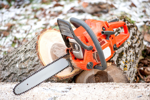 Gasoline powered professional chainsaw on pile of cut wood against winter and snow background - Foto, immagini