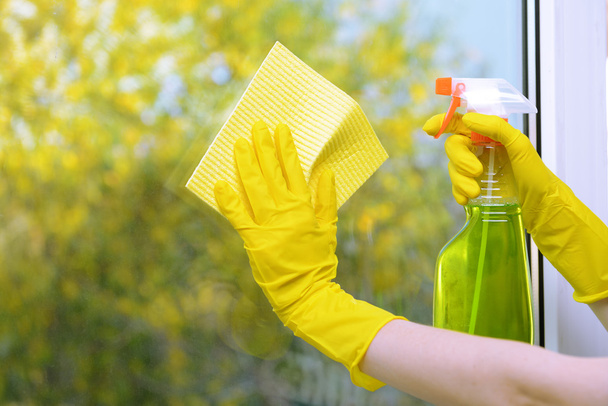 Hands with spray cleaning the window - 写真・画像