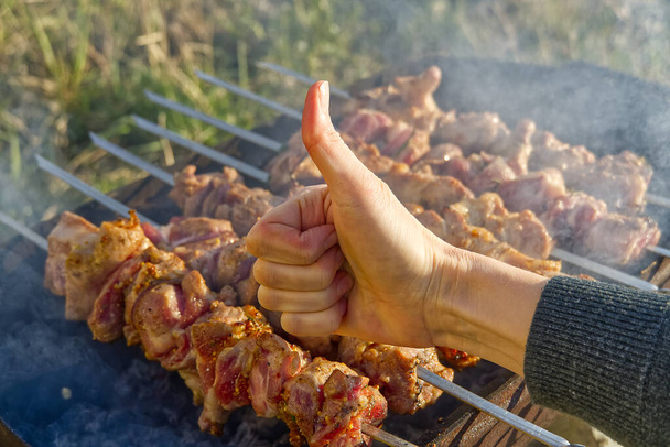 Cooking marinated shashlik on metal skewer on the grill. Backyard party background. cooking pork on skewers. BBQ on charcoal - Photo, Image