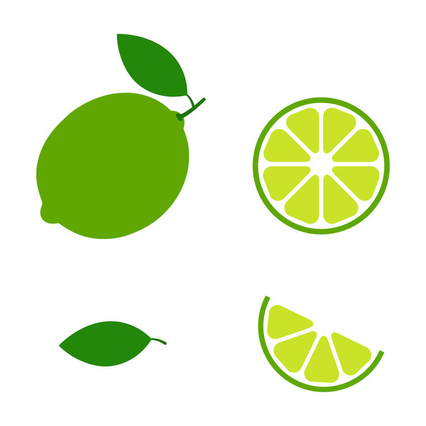Lime Set Icon Vector Illustration isoliert auf weiß. Zitrusfrüchte mit Stücken oder Scheiben.  - Vektor, Bild