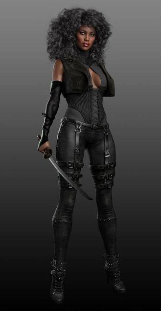 Urban Fantasy Black Leather PoC Warrior or Assassin Woman - Photo, Image