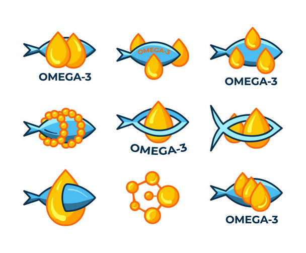 Set of fish oil icons isolated on white background. Vitamin omega 3 template. Drops and fish silhouette. Flat style. Treatment nutrition skin care vector design.  - ベクター画像