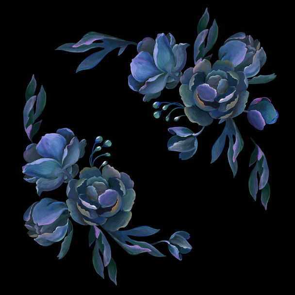 Oil or acrylic drawing. Bouquet of grey and blue flowers and leaf on black background. Peony drawing in old style - Foto, imagen