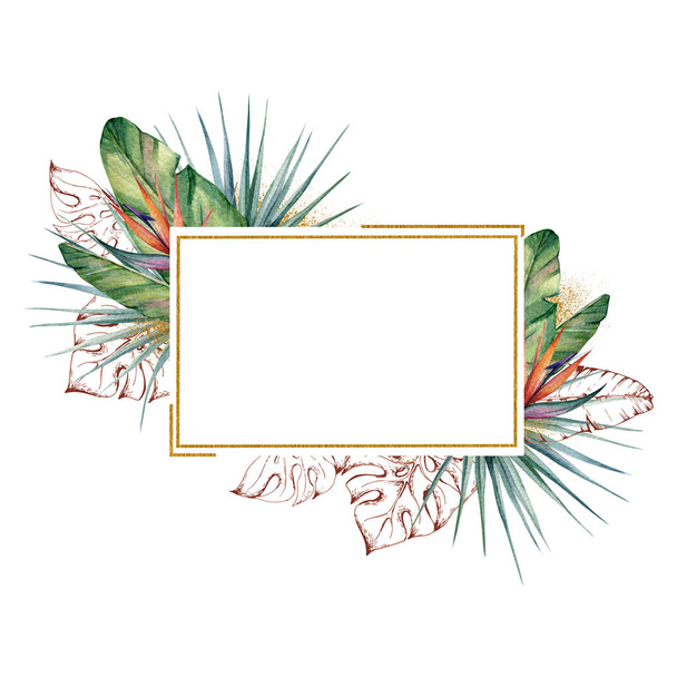beautiful horisontale gold rectangular frame with watercolor and outline tropical leaves and gold brush stroke - Photo, Image