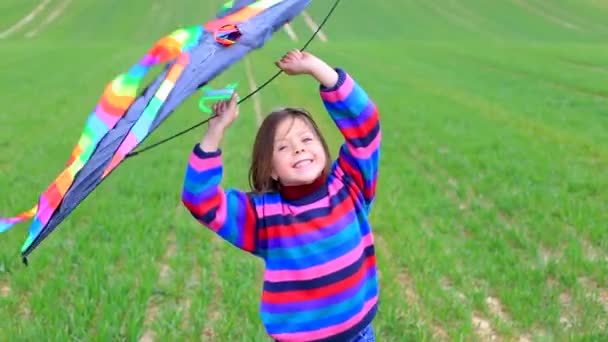 Bambina lancia un aquilone in un campo in primavera
. - Filmati, video