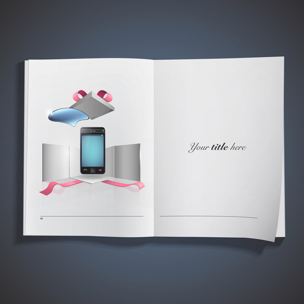 Telefon mit Sprechblase im Geschenkkarton auf Buch gedruckt. Vektordesign - Vektor, Bild