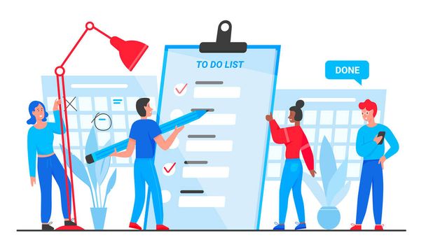 To do list, goals complete concept vector illustration, cartoon flat tiny people group planning, standing near checklist planner paper document isolated on white - Vector, Image