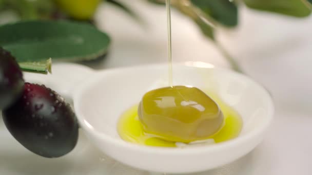 Huile d'olive qui goutte sur des olives vertes crues. L'huile d'olive est versée de la branche d'olivier. Gros plan olives vertes
. - Séquence, vidéo