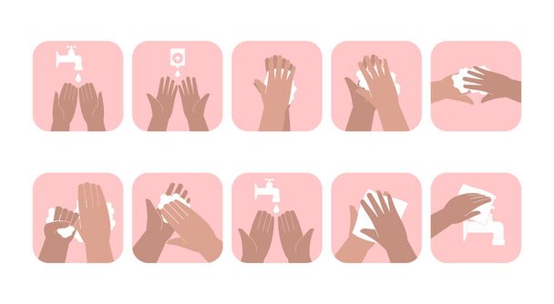 Higiene personal de las manos, prevención de enfermedades e infografías médicas educativas: cómo lavarse las manos paso a paso. Ilustración vectorial
 - Vector, imagen