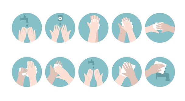 Hygiène personnelle des mains, prévention des maladies et infographie médicale éducative : comment se laver les mains étape par étape. Illustration vectorielle - Vecteur, image