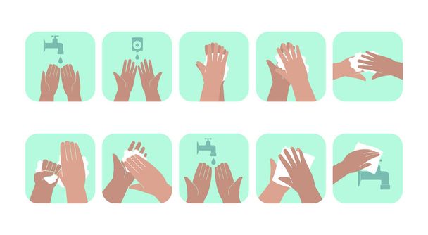 Higiene pessoal das mãos, prevenção de doenças e infográficos educacionais médicos: como lavar as mãos passo a passo. Ilustração vetorial
 - Vetor, Imagem
