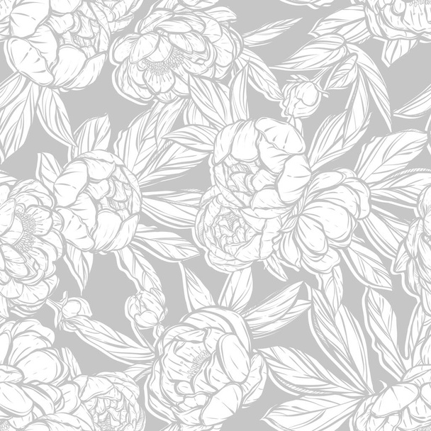 Vector illustration. Peonies with leaves. Card for you. Handmade, prints on T-shirts, seamless pattern,background gray - Вектор, зображення