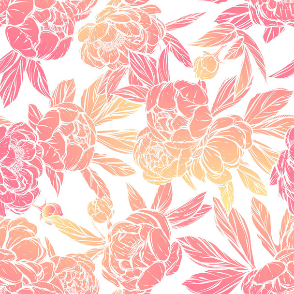Vector illustration. Peonies with leaves. Card for you. Handmade, prints on T-shirts, seamless pattern,background white,pink yellow color - Vecteur, image