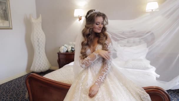 Schöne, entzückende Braut in Hochzeitskleid und Schleier. Ziemlich hinreißende Frau - Filmmaterial, Video
