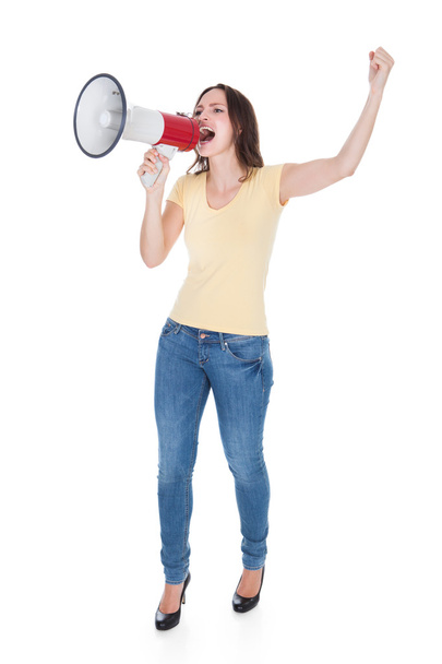Woman Shouting Through Megaphone - Foto, afbeelding