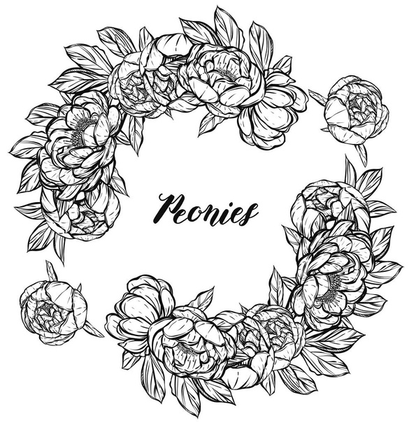 Vector illustration.Flower decoration of peonies. prints on T-shirts. background white.Handmade,wreath,card for you - Vector, Imagen