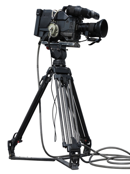 プロフェッショナル ビデオ カメラ白で分離された三脚の上に設定 - 写真・画像