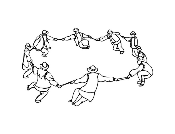 Мужчины в национальных костюмах танцуют круговым вектором. Круглые танцы по мужчинам в национальных костюмах хуцулов Украины
. - Вектор,изображение