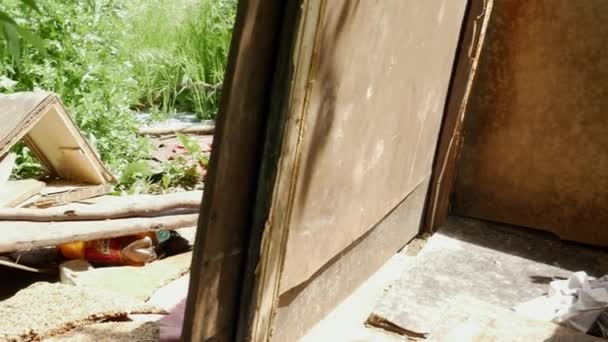 Improwizowana toaleta zbudowana przez bezdomnych. Brudne WC na zewnątrz składające się z deski klozetowej przywiązanej do drewnianego krzesła z drutem. - Materiał filmowy, wideo