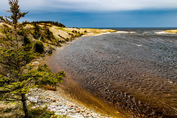 Portland Creek River kronkelt zijn weg naar de zee. Portland Creek, Newfoundland, Canada - Foto, afbeelding