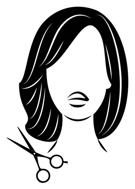 Silueta roztomilé dámy. Dívka ukazuje účes na střední a dlouhé vlasy a nůžky. Vhodné pro logo, reklamu na kadeřnictví. Vektorová ilustrace. - Vektor, obrázek