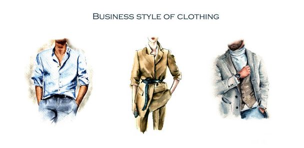 watercolor fashion illustration, a fashionable image for a business man, for a business woman, business style of clothing - Photo, Image