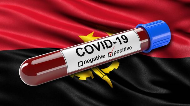 アンゴラの旗は肯定的なCovid-19血液検査管で風に振っている。新しいコロナウイルスの診断のための血液検査のための3Dイラストコンセプト. - 写真・画像