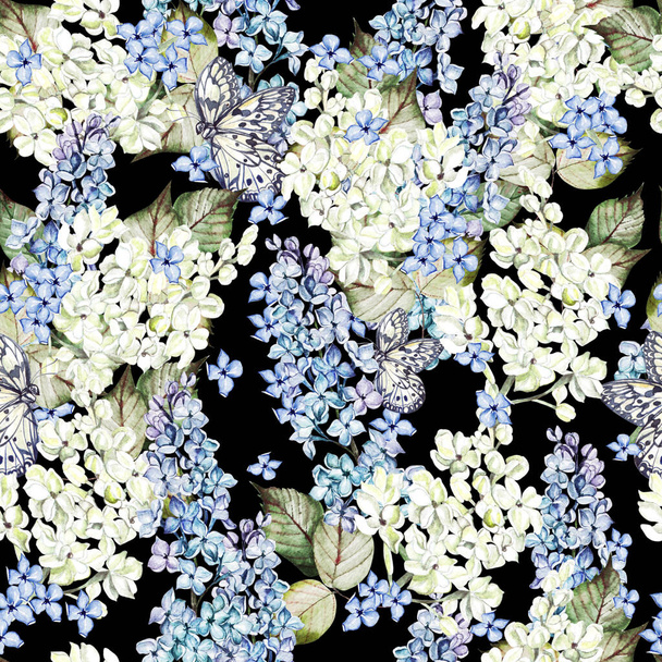Aquarel naadloos patroon met lila bloemen en bladeren. - Foto, afbeelding