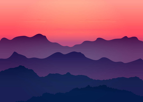 Beautiful dark gradient purple mountain landscape with fog and forest. Sunrise and sunset in mountains. Red sunset in mountains landscape. Vector background - Vector, Image