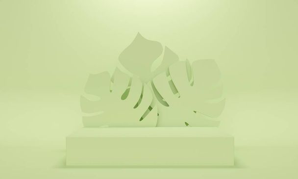 Прямокутний подіум з тропічним листям на зеленому тлі. Дизайн тла для просування продуктів. 3D візуалізація
 - Фото, зображення